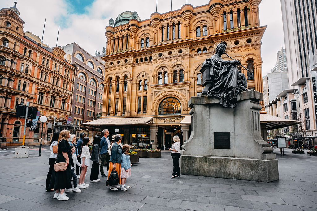 Ornate Victorian architecture of the Queen Victoria Building with elaborate domes and stained glass